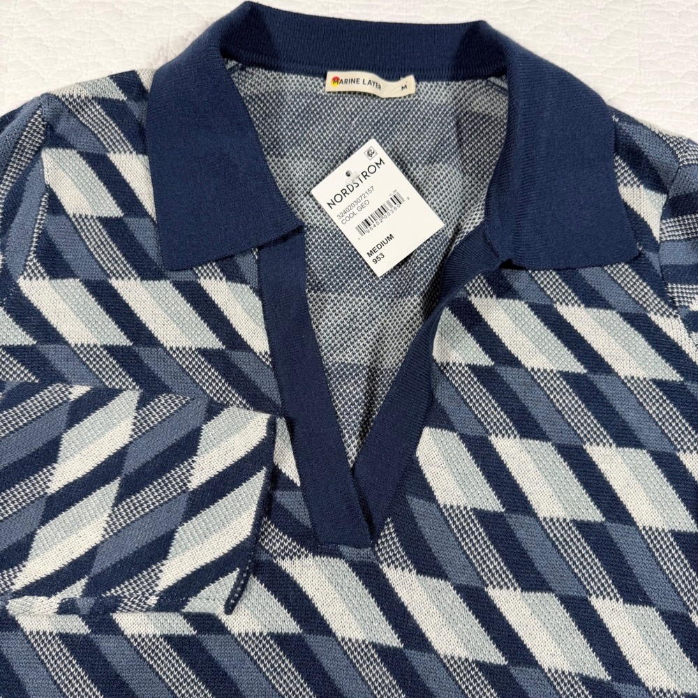 NWOT Marine Layer Morgan Sweater Polo Cool Geometric Long Sleeve Knit Top Medium